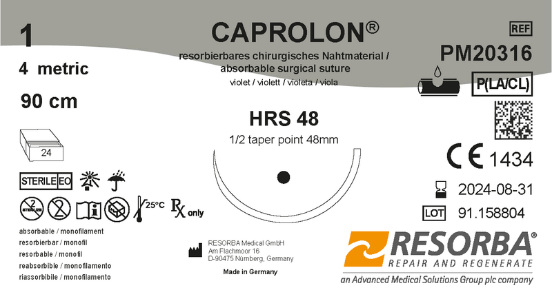 Капролон USP 2 фіолетовий, 90см, колюча голка збільш. діаметр 48 мм, 1/2 кола
